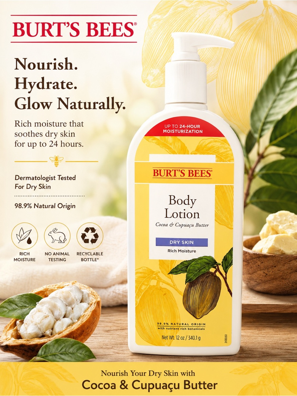 Burt's Bees Yellow Body Lotion Cocoa & Cupuaçu Butter